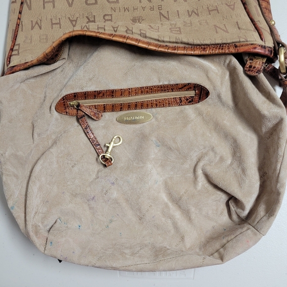 Brahmin Monogram Tan And Brown Canvas Croc Leather Shoulder Bag. - Picture 12 of 16